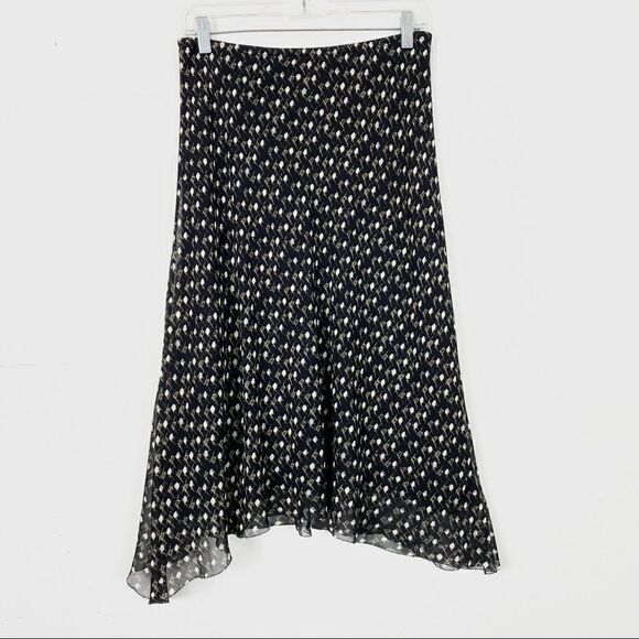 Vintage 100% Silk Black & White Patterned Handkerchief Hem Midi Skirt - Picture 1 of 5